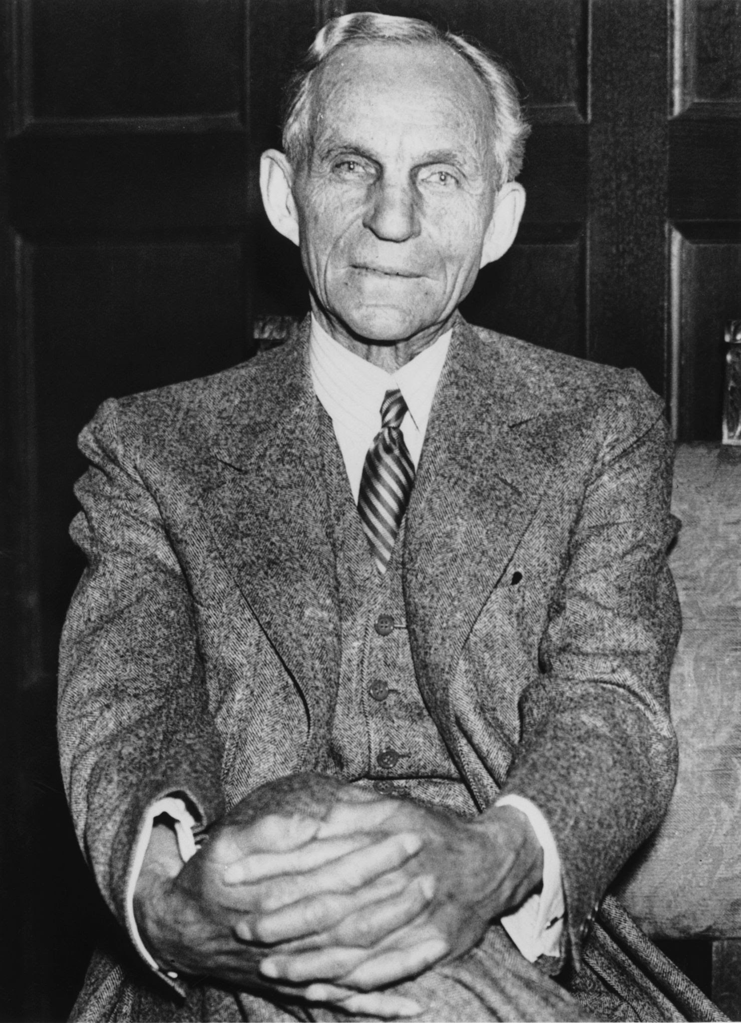 American industrialist Henry Ford (1863 - 1947) in the lobby of the Ritz-Carlton Hotel, New York, during a press conference, 9th May 1938. (Photo by Keystone/Hulton Archive/Getty Images)